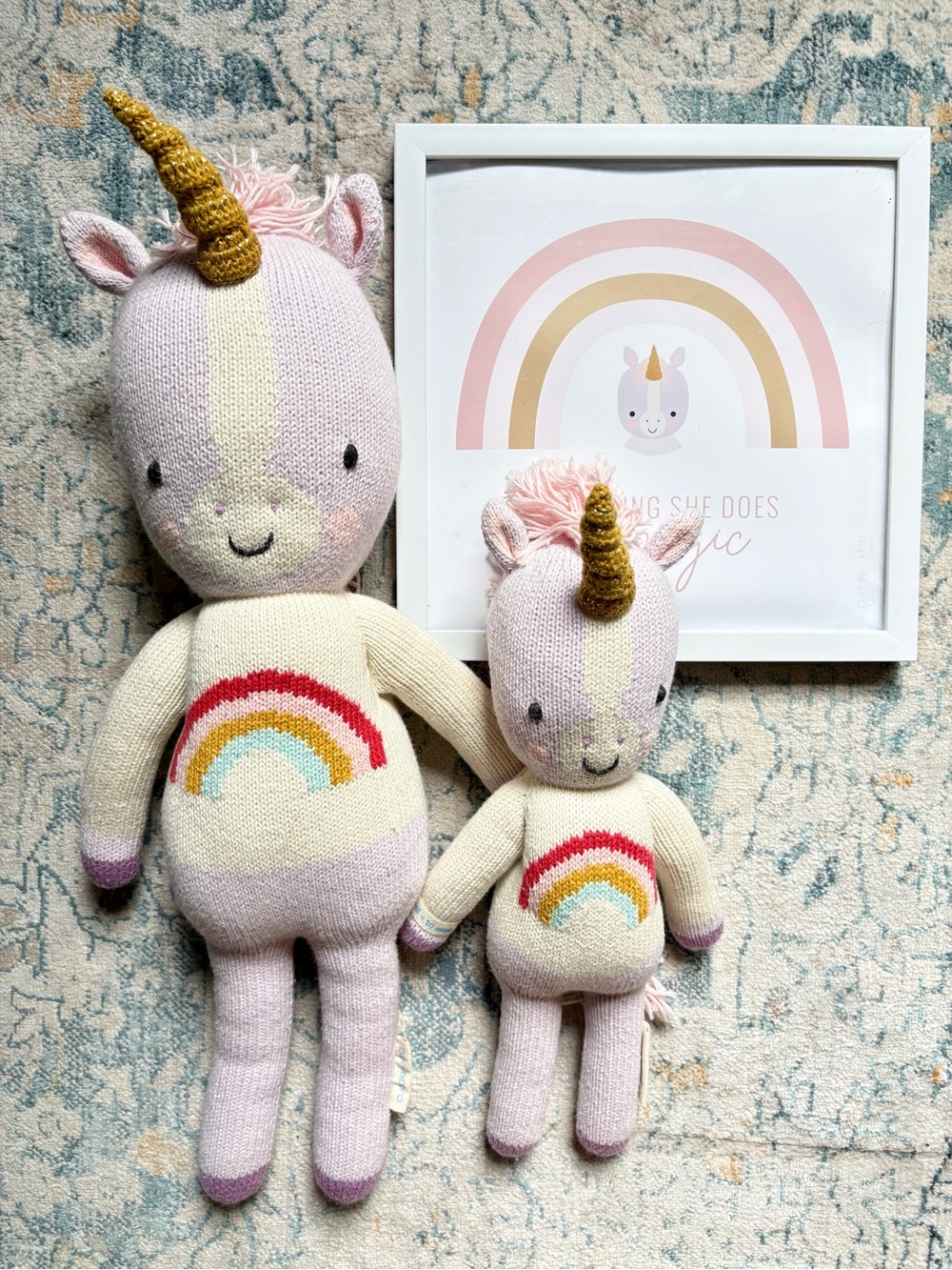 Cuddle + Kind Zoe The Unicorn BIG and LITTLE plus Framed Nursery Art Bundle Girl